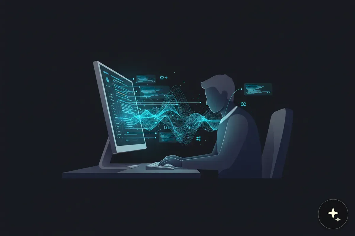 Programista siedzi przy biurku przed monitorem, na którym wyświetla się kod i abstrakcyjne fale danych