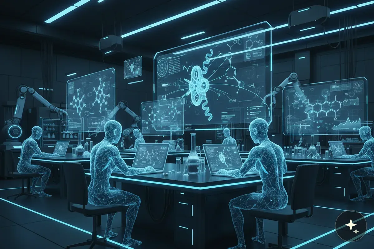Wirtualne postacie pracujące w futurystycznym laboratorium z hologramami cząsteczek i robotycznymi ramionami