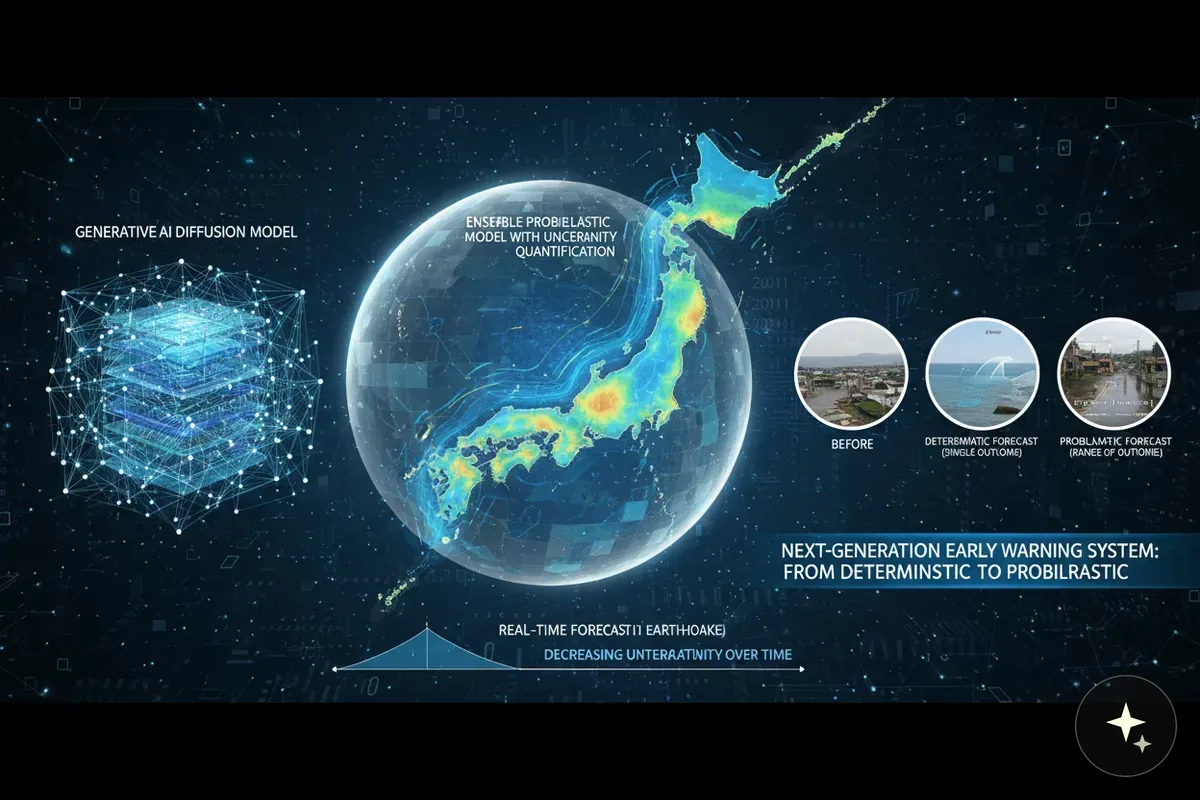 Schemat przedstawiający model AI prognozujący tsunami na mapie Japonii z wizualizacją danych