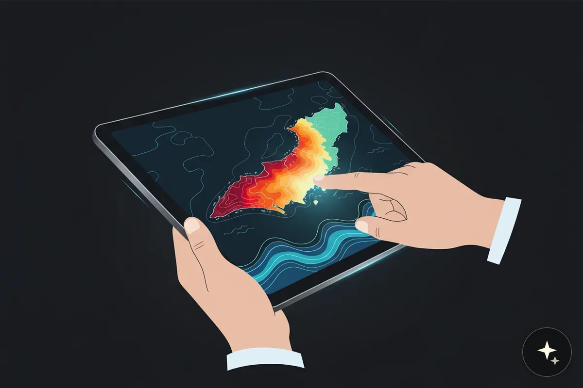 Dłonie trzymające tablet z mapą wyspy w odcieniach zieleni, żółci i czerwieni, z liniami fal na dole