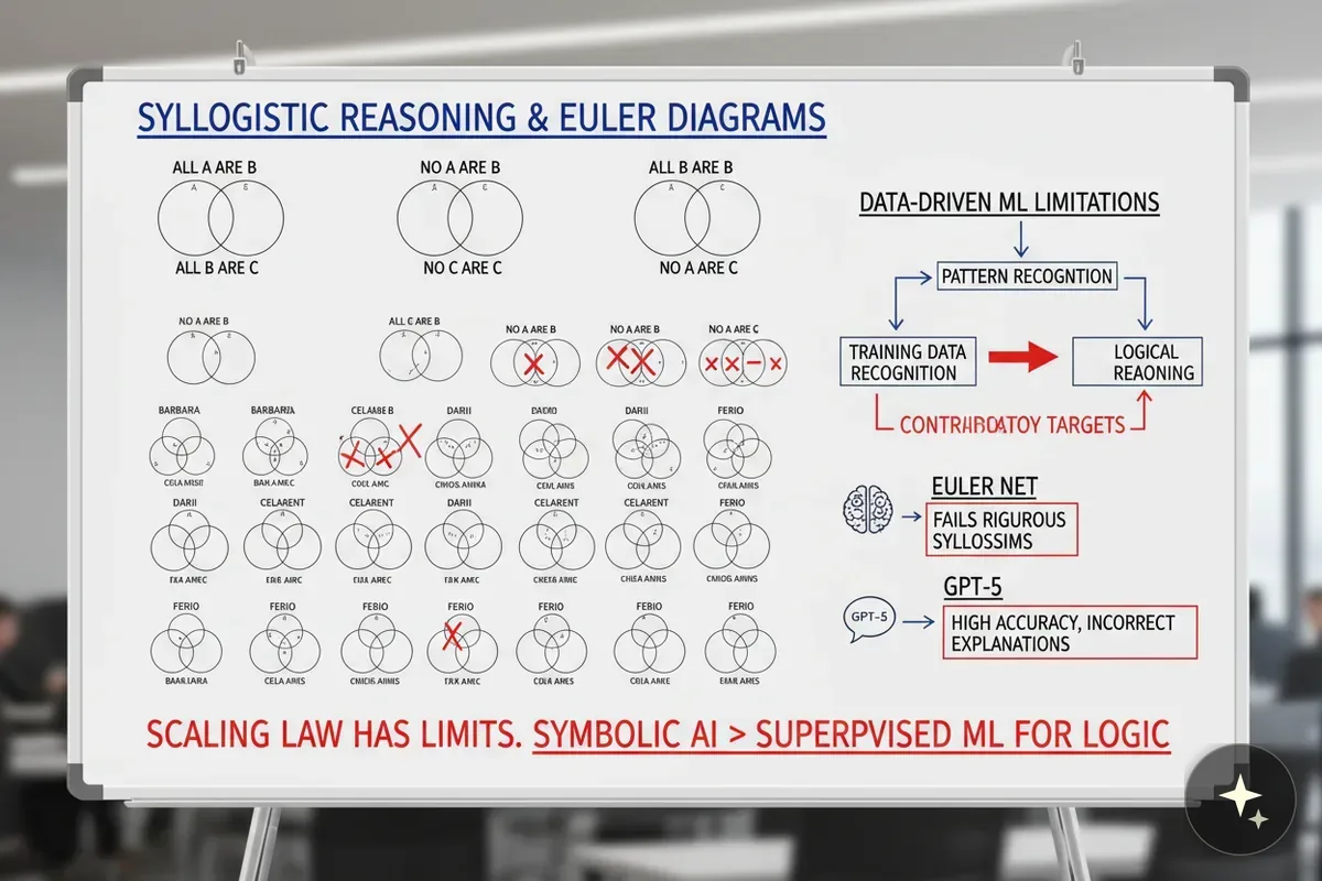 Biała tablica z diagramami Venna, schematem blokowym i tekstem na temat rozumowania sylogistycznego i ograniczeń ML