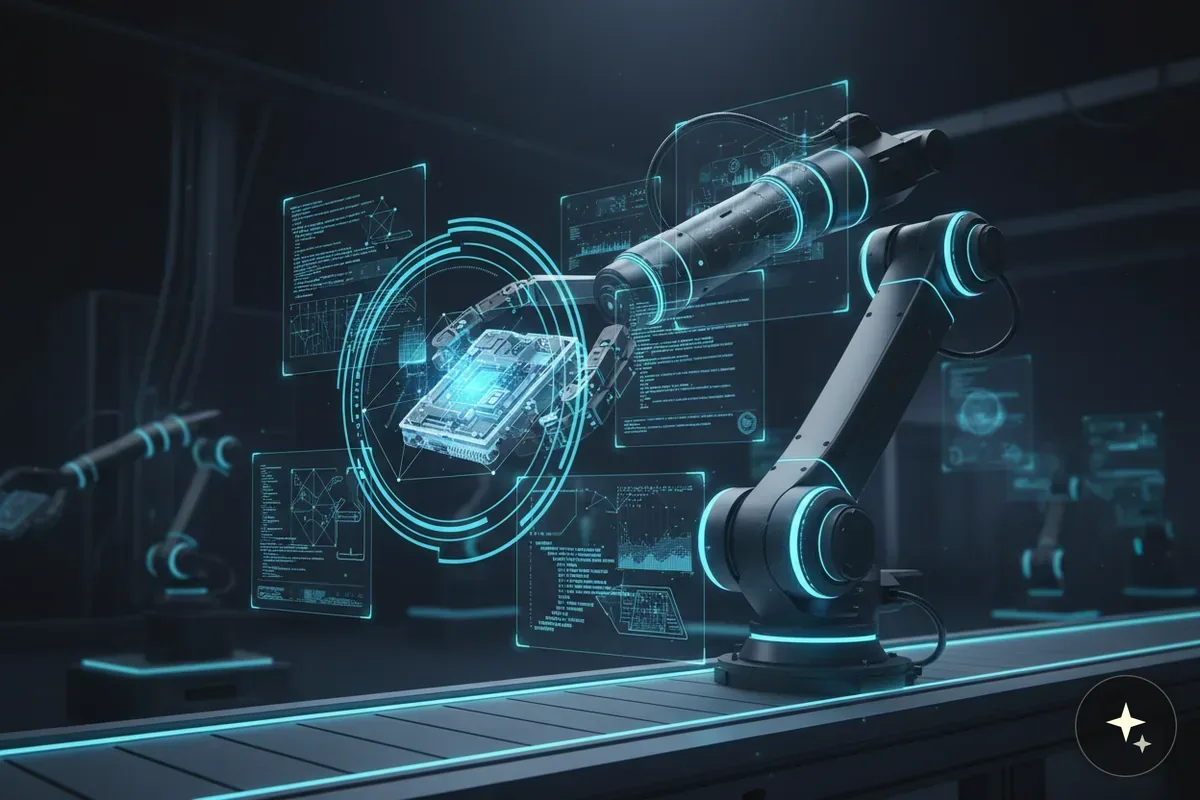 Robotyczne ramię w fabryce z hologramami kodu, schematów i podzespołów elektronicznych