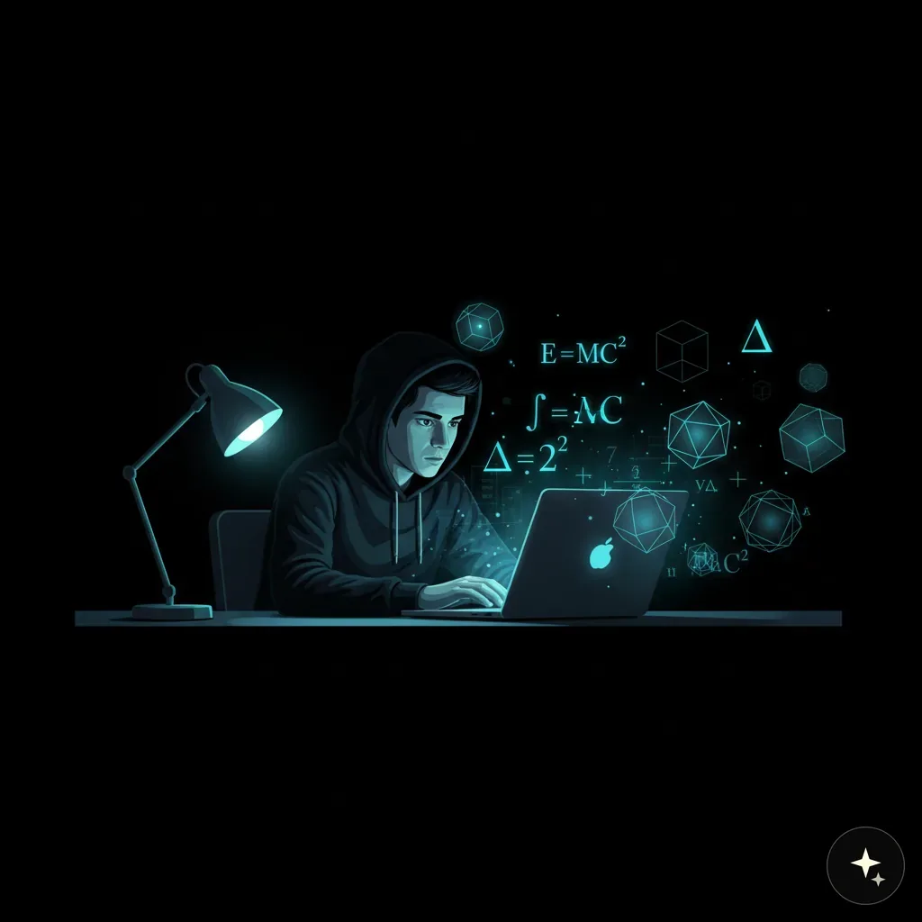 Mężczyzna w bluzie z kapturem pracuje przy laptopie, otoczony świecącymi wzorami i równaniami matematycznymi