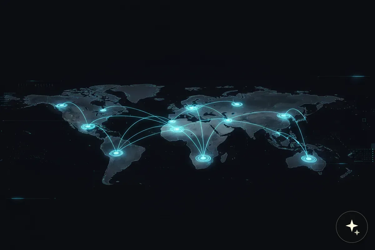 Mapa świata z podświetlonymi punktami i łączącymi je liniami, symbolizującymi globalną sieć