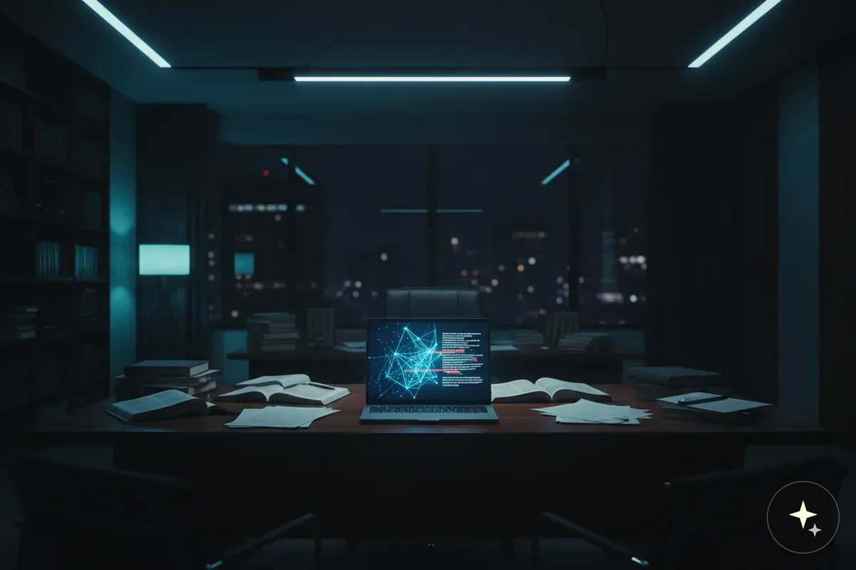 Ciemne biuro z laptopem na biurku, na ekranie widoczna sieć neuronowa i kod, w tle panorama miasta nocą