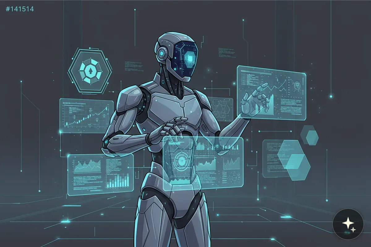 Robot w szaro-niebieskich barwach manipulujący interfejsem z wykresami i danymi na ciemnym tle