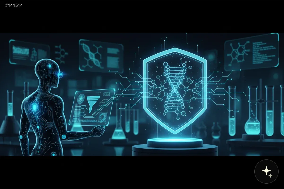Futurystyczna postać z obwodami na ciele trzyma przezroczysty tablet, obok tarcza z DNA i probówki
