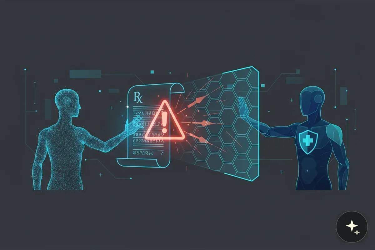 Człowiek i robot dotykają interfejsów z receptą, znakiem ostrzegawczym i heksagonalną siatką