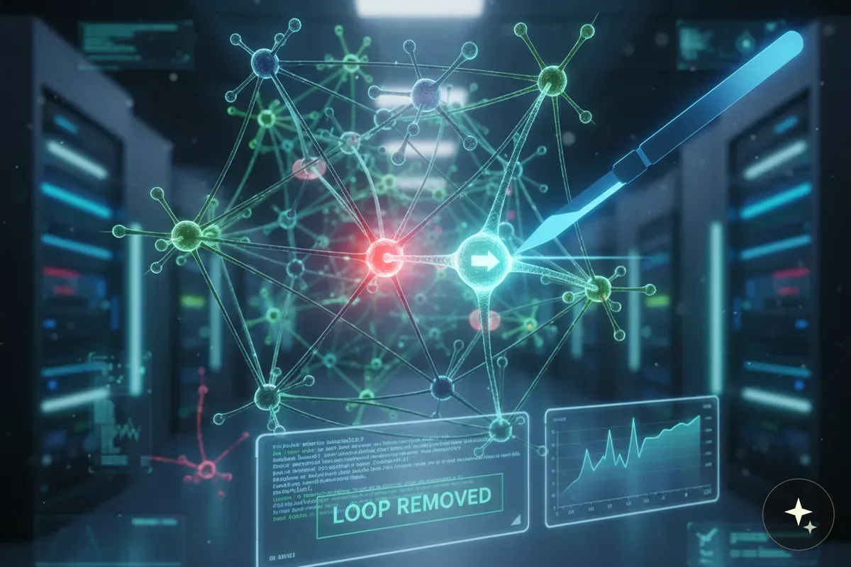 Skalpel edytuje neuron w sieci neuronowej, na dole napis "LOOP REMOVED" i wykres