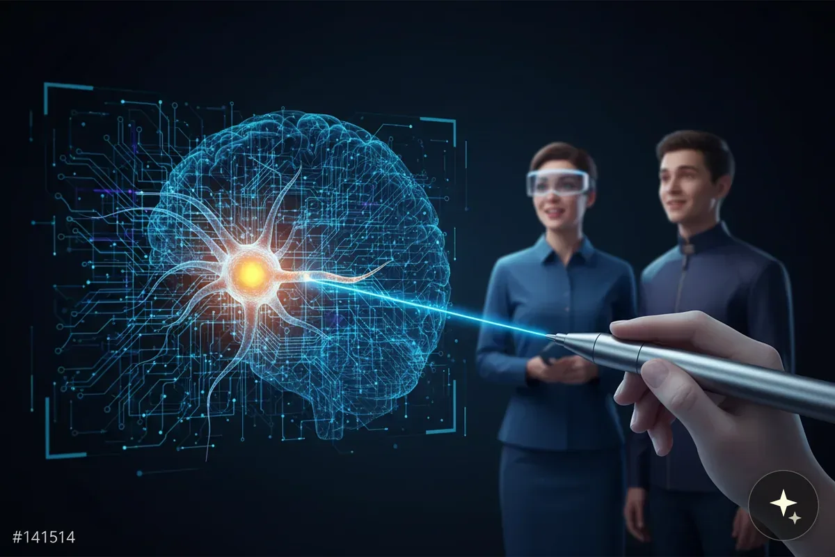Dłoń trzymająca laser wskazujący na neuron w cyfrowym mózgu, w tle dwie osoby w okularach VR