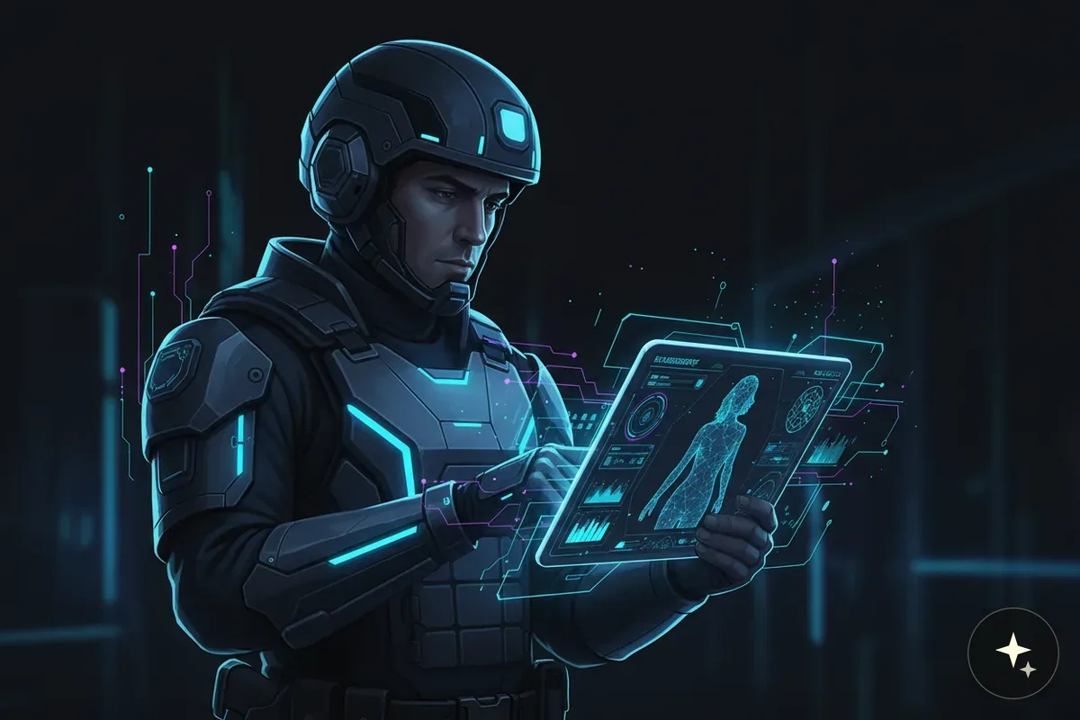 Mężczyzna w futurystycznym stroju i hełmie, trzymający przezroczysty tablet z hologramem postaci i wykresami
