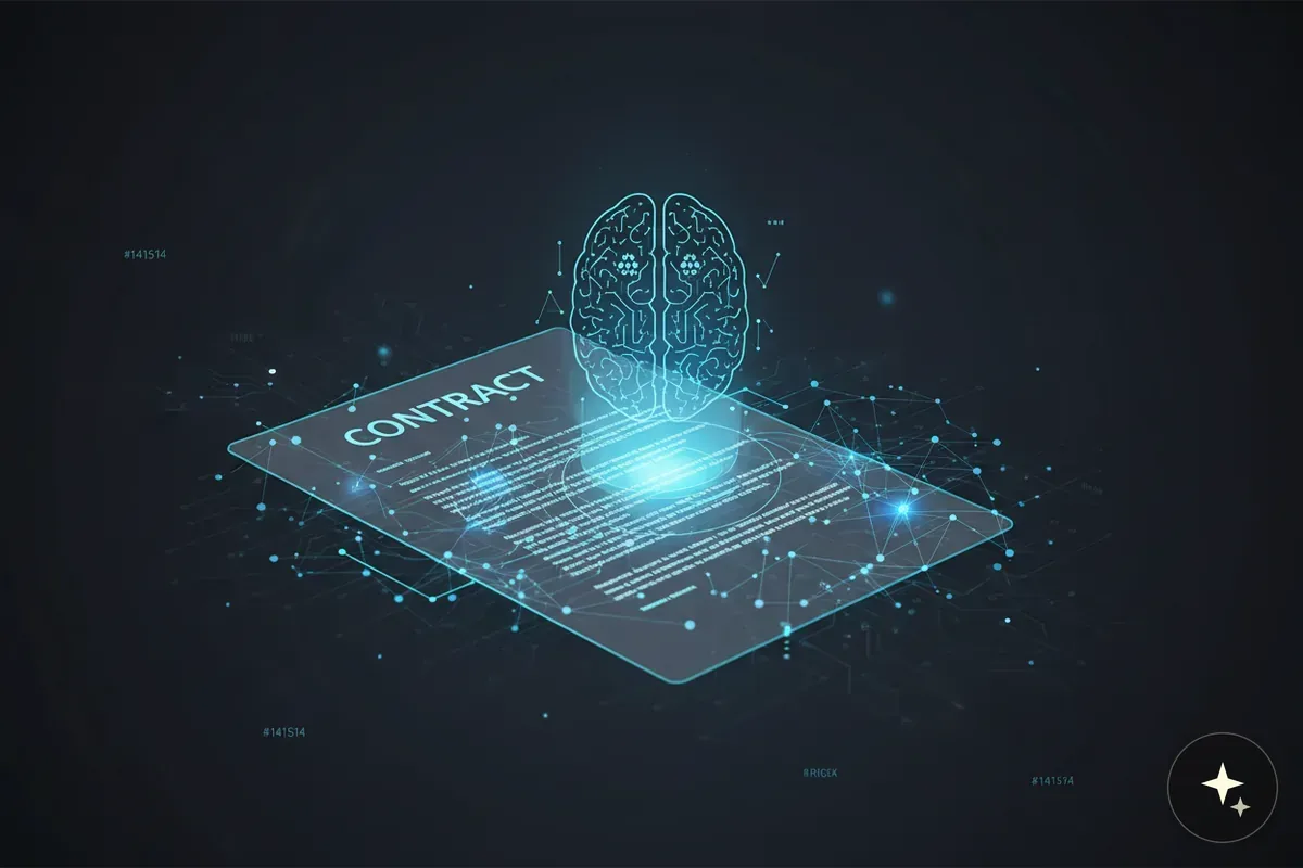 Hologram mózgu i dokumentu z napisem "CONTRACT" połączone siecią linii i punktów
