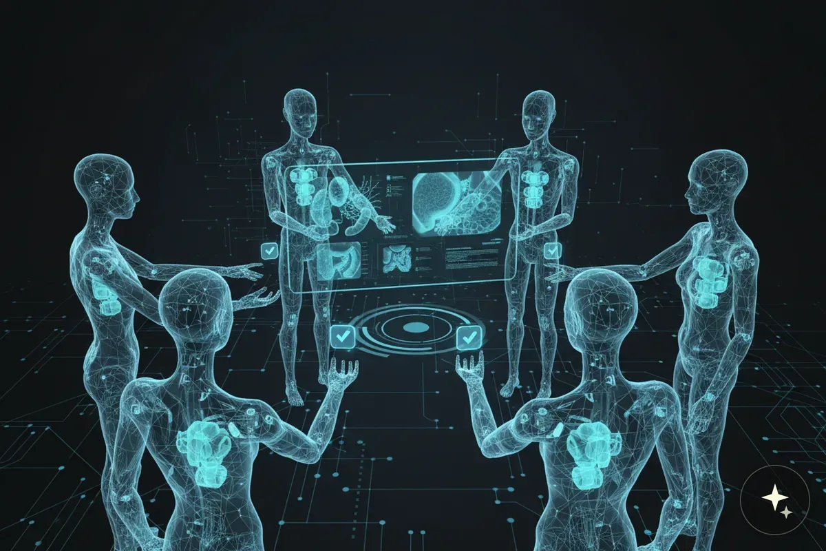 Sześć przezroczystych, niebieskich sylwetek ludzi otacza duży, podświetlony ekran z obrazami organów wewnętrznych