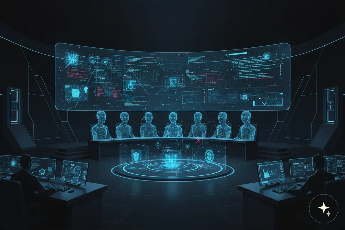 Futurystyczna sala kontrolna z dużym ekranem, hologramami ludzi i interfejsami danych