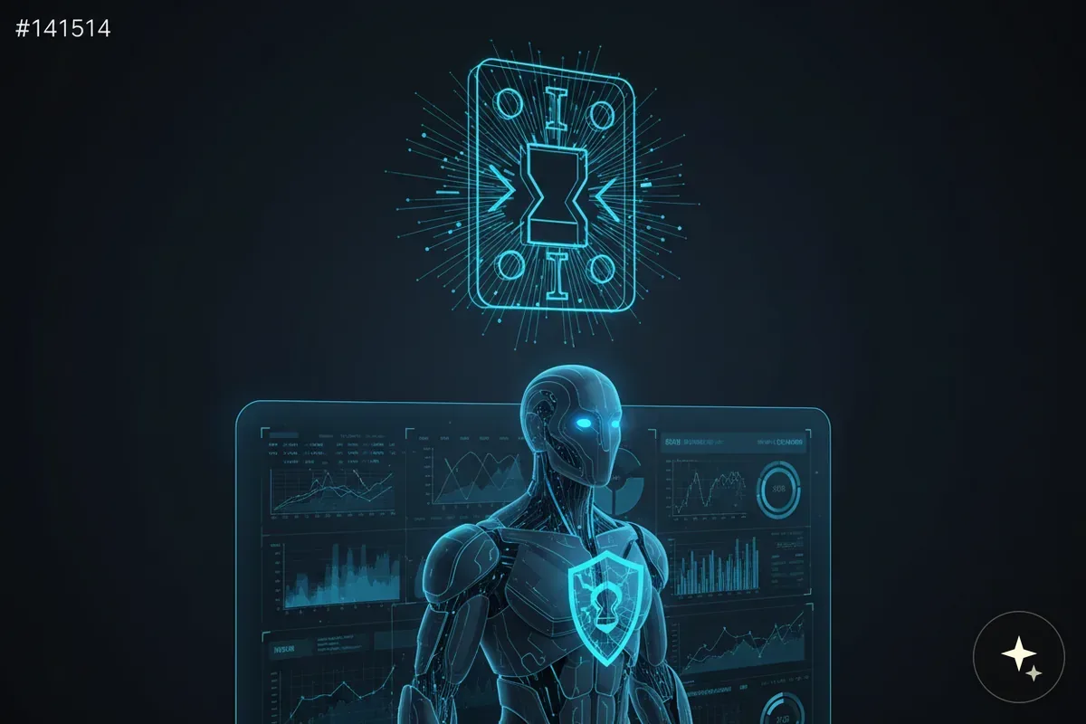 Robot z tarczą i kluczem na piersi, nad nim symbol klepsydry, w tle panel z wykresami