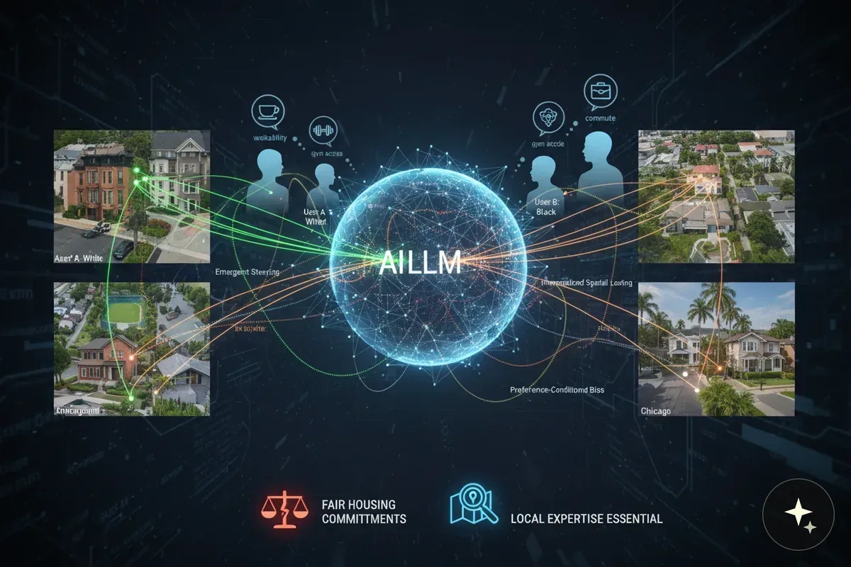 Schemat AILLM w centrum, łączący dwóch użytkowników z różnymi preferencjami i polecanymi domami