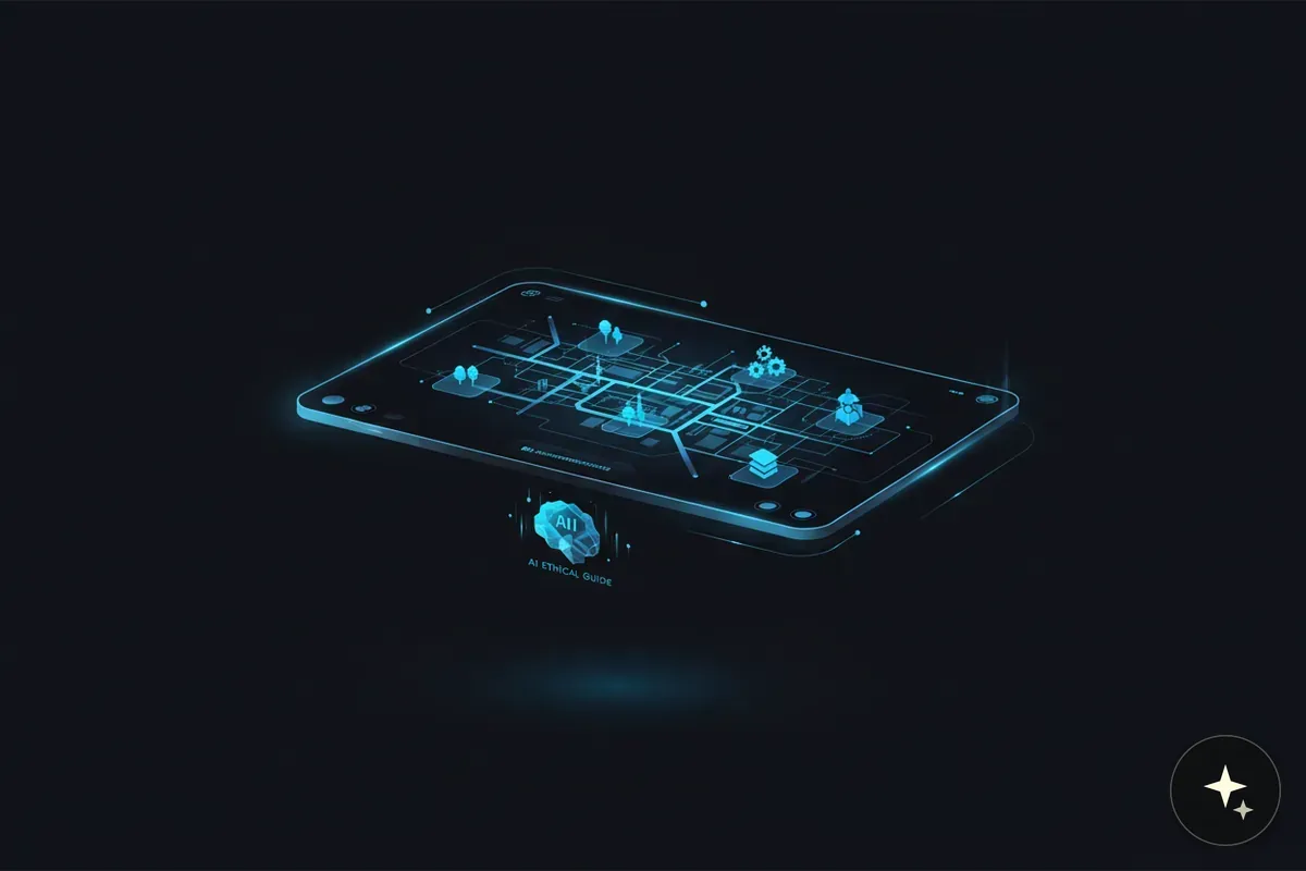 Tablet z interfejsem mapy miasta, ikonami budynków i chmurką z napisem "AI Ethical Guide