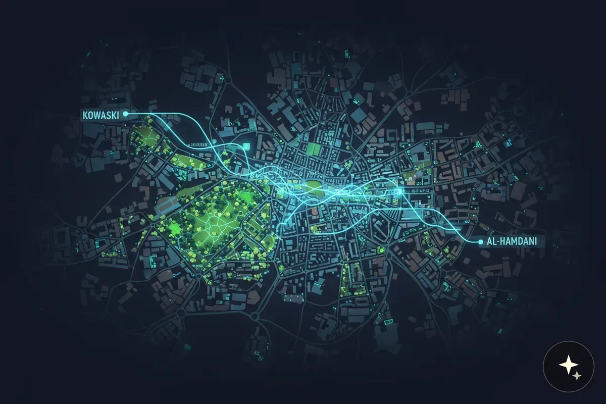 Mapa miasta z zielonymi parkami i budynkami, z niebieskimi liniami łączącymi punkty Kowalski i Al-Hamdani
