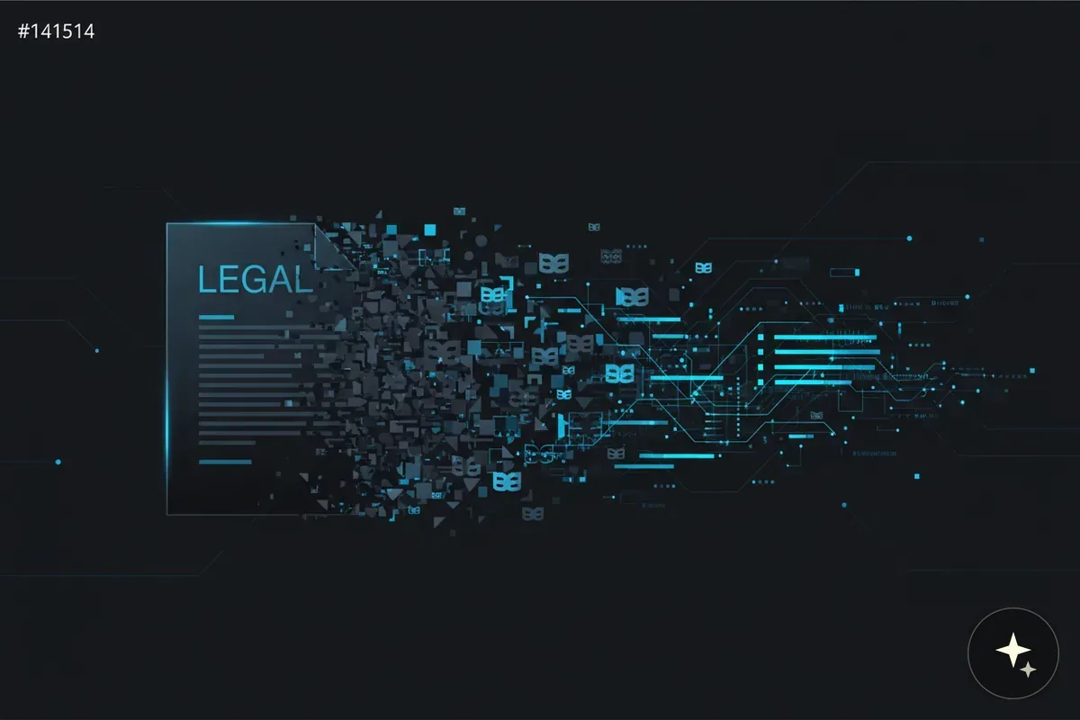 Dokument z napisem LEGAL rozpadający się na piksele i cyfrowe elementy, na ciemnym tle