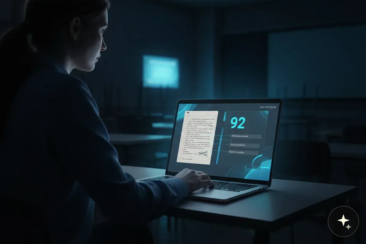 Osoba siedząca przy biurku, patrząca na ekran laptopa z tekstem i liczbą 92