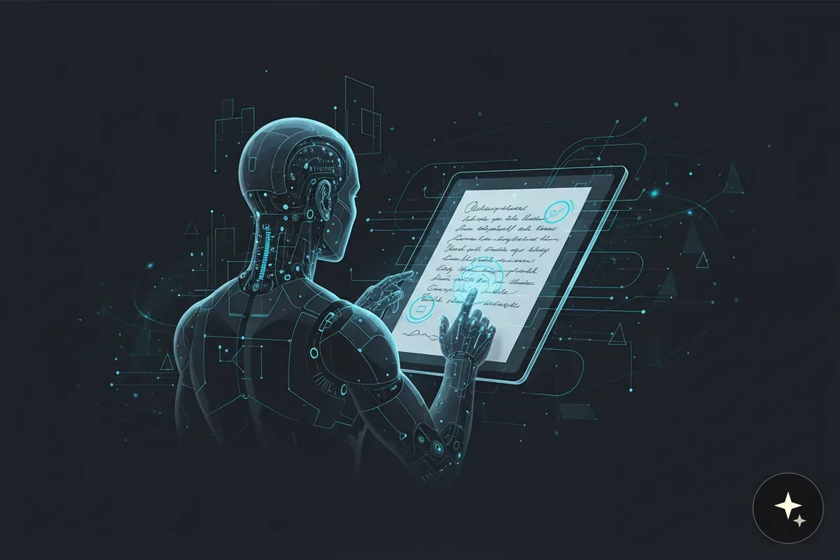Robot z przezroczystą głową i ramionami, dotykający ekranu tabletu z tekstem i okręgami