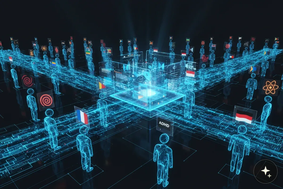 Cyfrowe sylwetki ludzi połączone siecią z centralnym procesorem AI