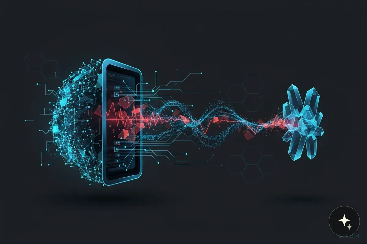 Abstrakcyjna wizualizacja danych: kula z połączeń, smartfon, fale danych i kryształy na ciemnym tle