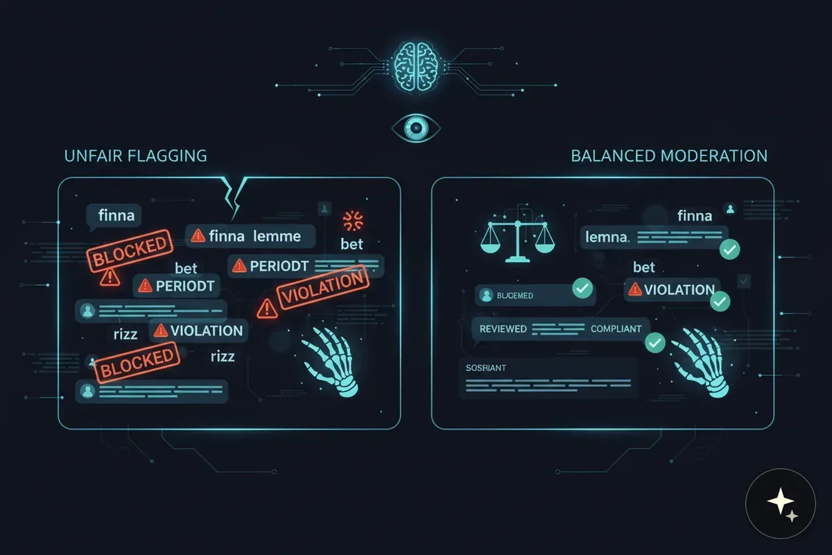 Diagram porównujący niesprawiedliwe oznaczanie treści z wyważoną moderacją, z ikonami mózgu i oka u góry