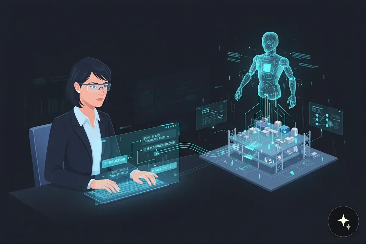 Kobieta w okularach pracuje przy komputerze z interfejsem AR, obok schemat budynku i hologram robota