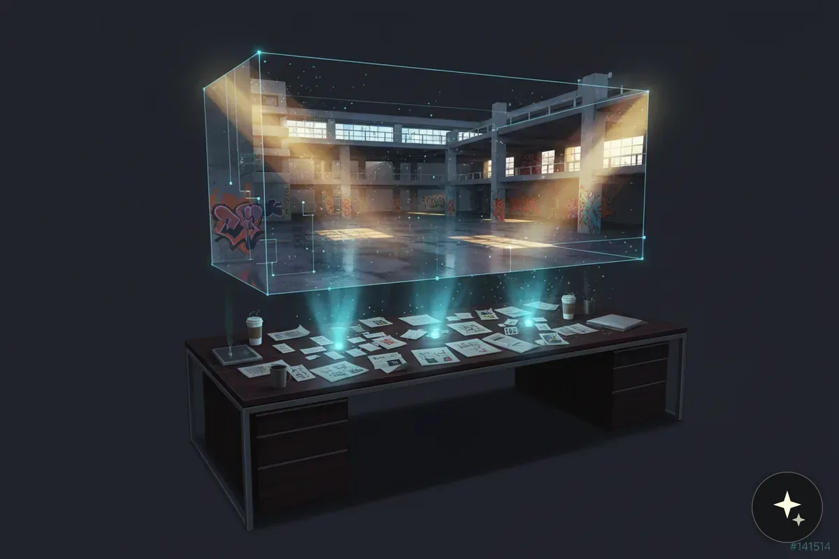 Hologram opuszczonej hali z graffiti, wyświetlany nad biurkiem z dokumentami i kawą