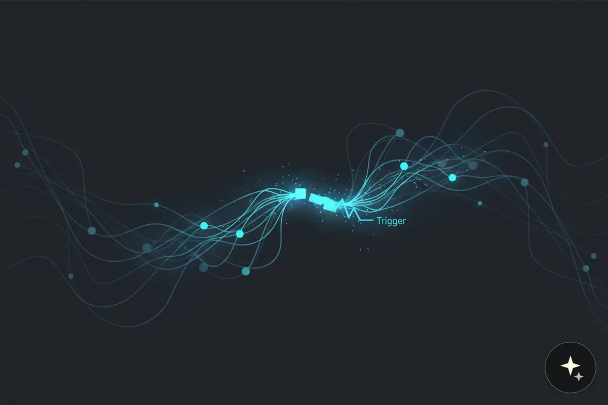 Abstrakcyjna grafika z turkusowymi liniami i kropkami, symbolizująca połączenia danych, z napisem "Trigger