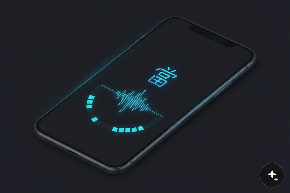 Smartfon z wyświetlonym niebieskim chińskim znakiem i wizualizacją dźwięku w kształcie fali