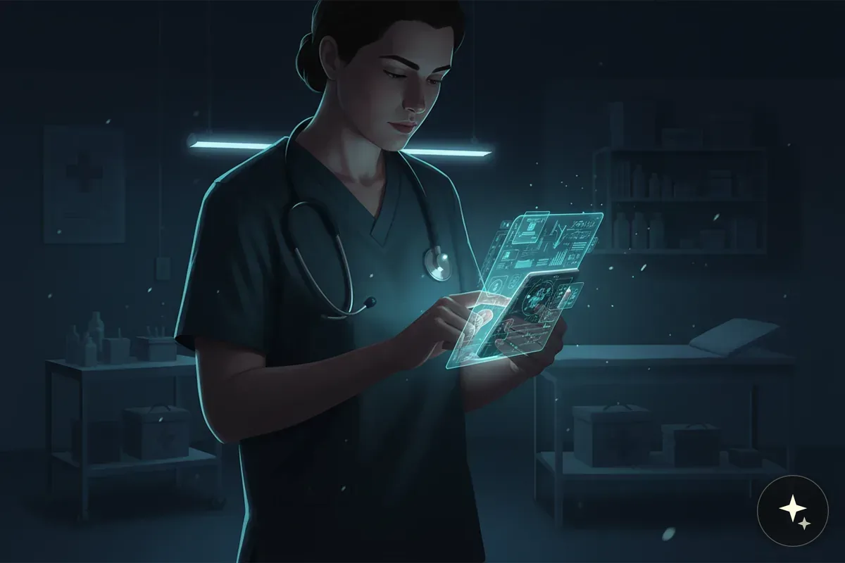 Lekarka w ciemnym gabinecie medycznym, wpatrzona w przezroczysty tablet z wyświetlanymi danymi medycznymi