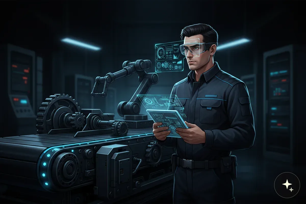 Technik w okularach ochronnych trzyma tablet z interfejsem AR, obok taśmociąg i ramię robota