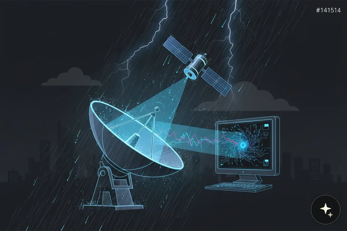 Satelita, antena satelitarna i komputer w deszczu z piorunami, symbolizujące przesył danych