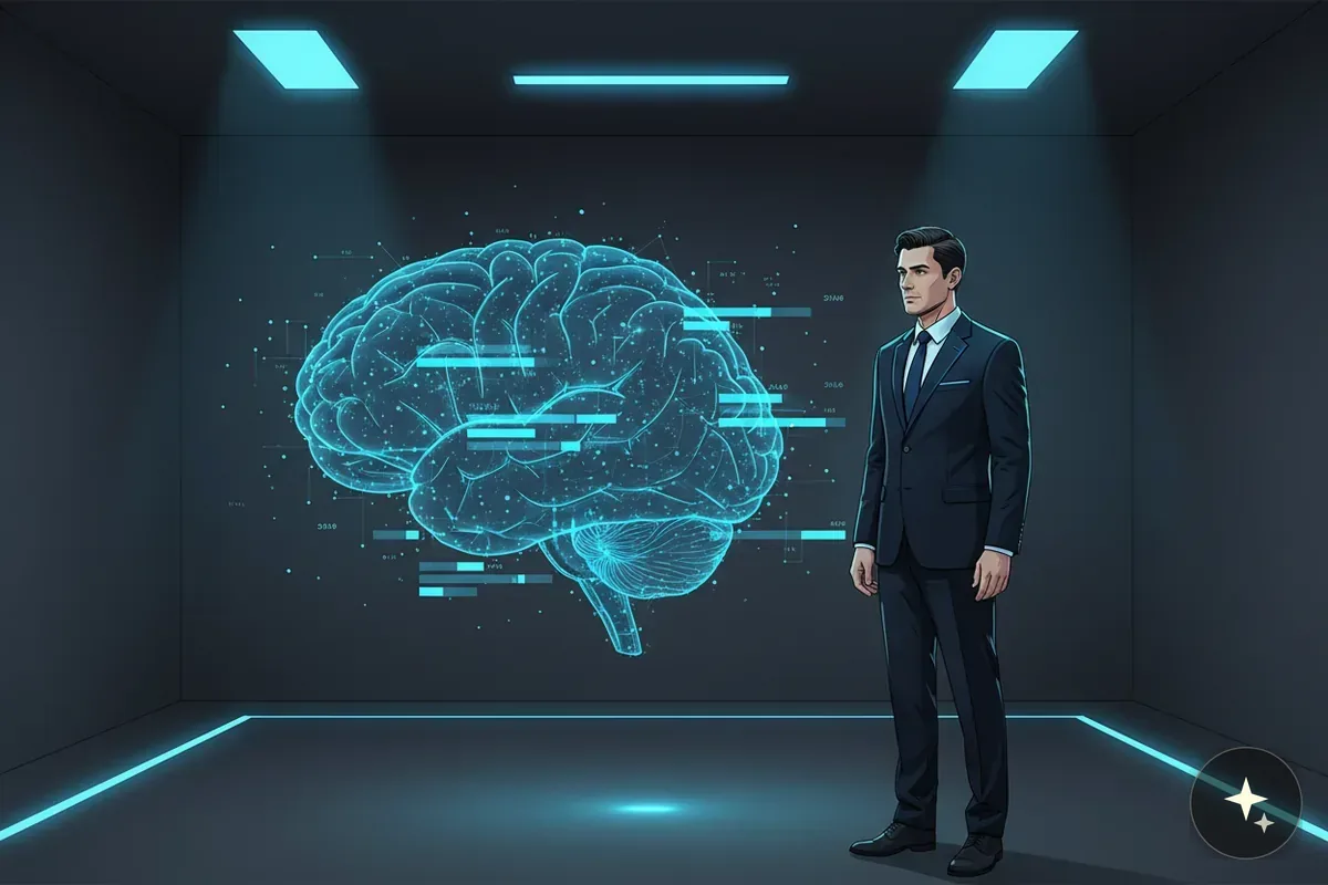 Mężczyzna w garniturze stoi obok hologramu mózgu z danymi, w ciemnym pomieszczeniu z niebieskim oświetleniem