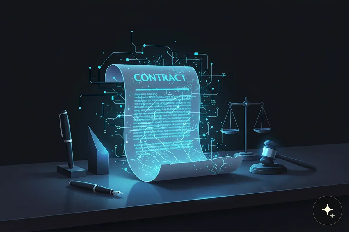 Cyfrowy kontrakt z napisem "CONTRACT" i obwodami, obok wagi i młotka sędziowskiego, na ciemnym tle