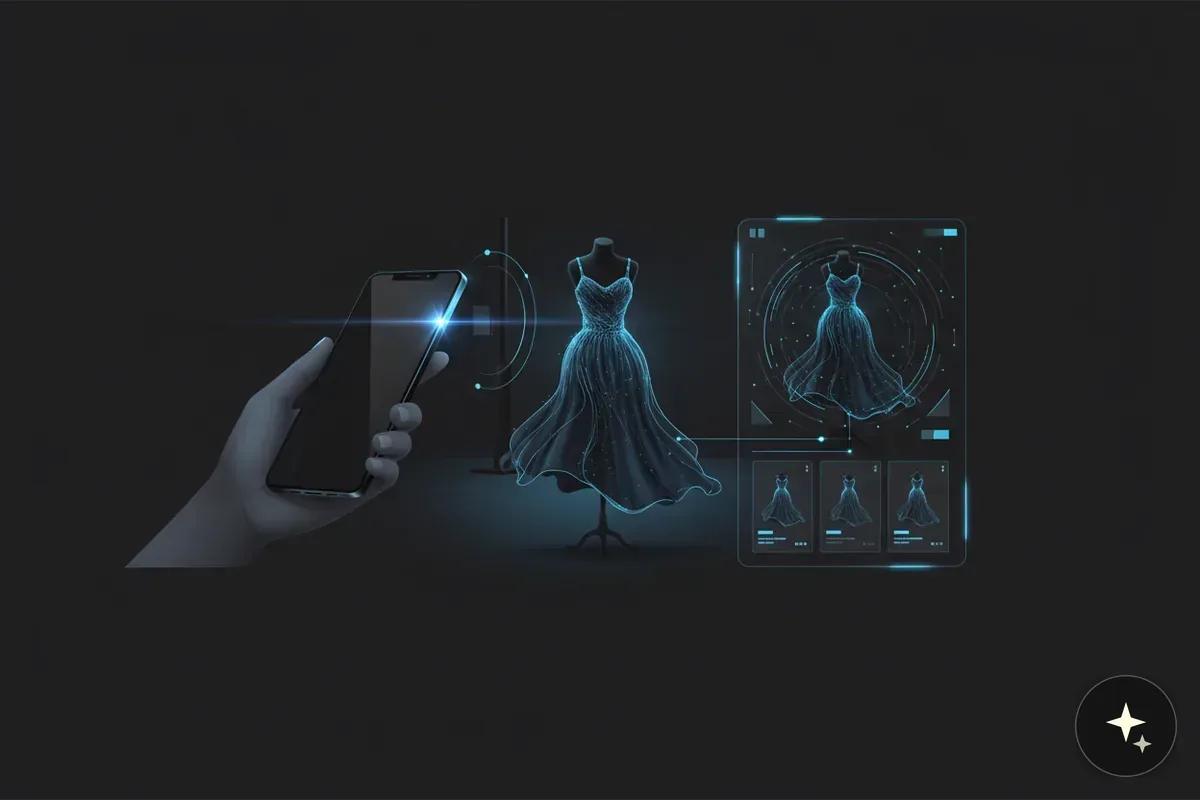 Dłoń trzyma smartfon, który skanuje hologram sukienki na manekinie, obok ekran z wynikami wyszukiwania