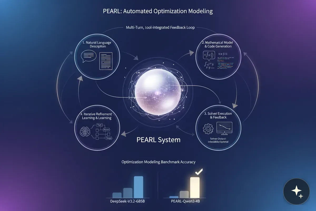 Schemat systemu PEARL z czterema etapami cyklu i dwoma wykresami słupkowymi porównującymi dokładność modeli