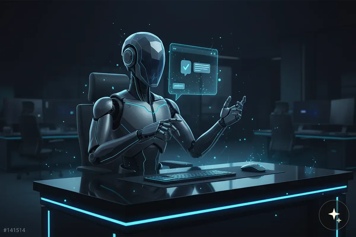 Robot siedzi przy biurku, nad jego dłonią unosi się dymek czatu z ikoną zaznaczenia i tekstem