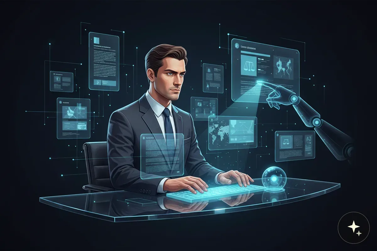 Mężczyzna w garniturze pracuje przy futurystycznym biurku z hologramami, obok robotyczna ręka wskazuje ekran