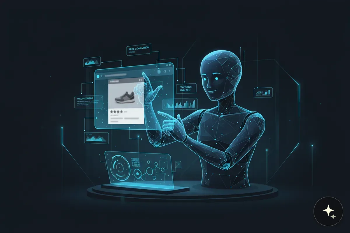 Humanoidalny chatbot w otoczeniu interfejsów z danymi i produktem, na ciemnym tle