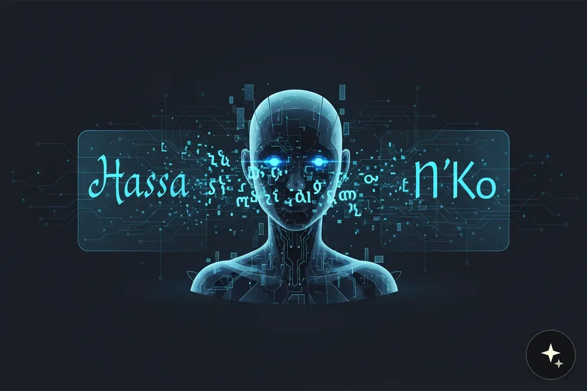 Głowa i ramiona robota z niebieskimi oczami, otoczone cyframi i symbolami, z napisami Hassa i n'Ko
