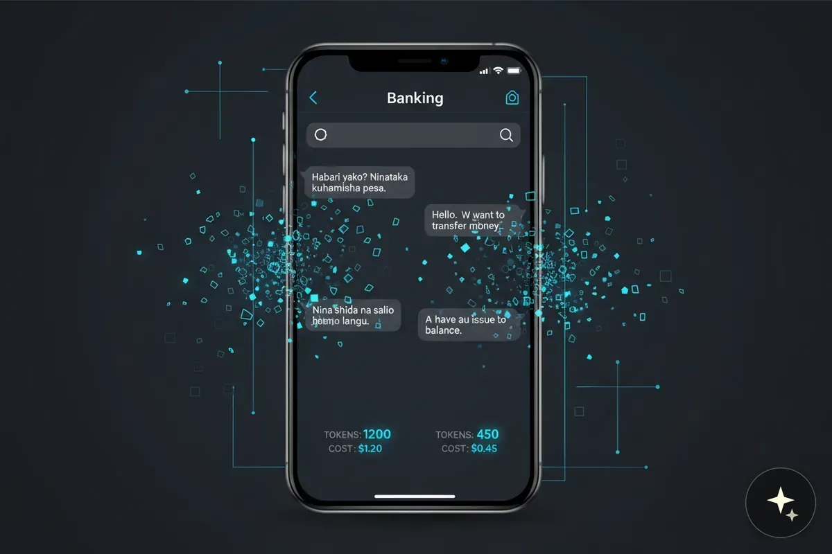 Smartfon z aplikacją bankową, wyświetlającą czat w dwóch językach z kosztami tokenów i ceną wiadomości