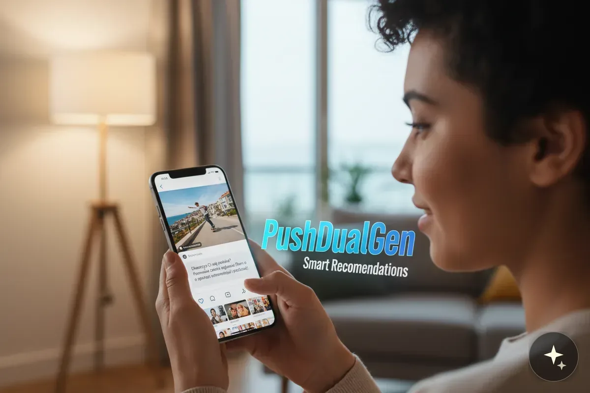 Kobieta trzyma smartfon z otwartą aplikacją, na ekranie widoczny napis PushDualGen Smart Recomendations