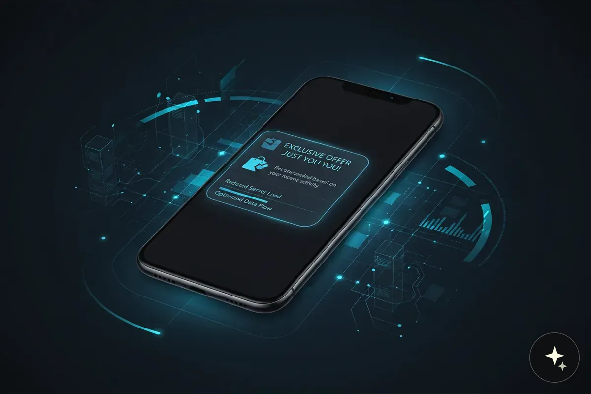 Smartfon z powiadomieniem "Exclusive Offer Just You You!" i informacjami o optymalizacji danych