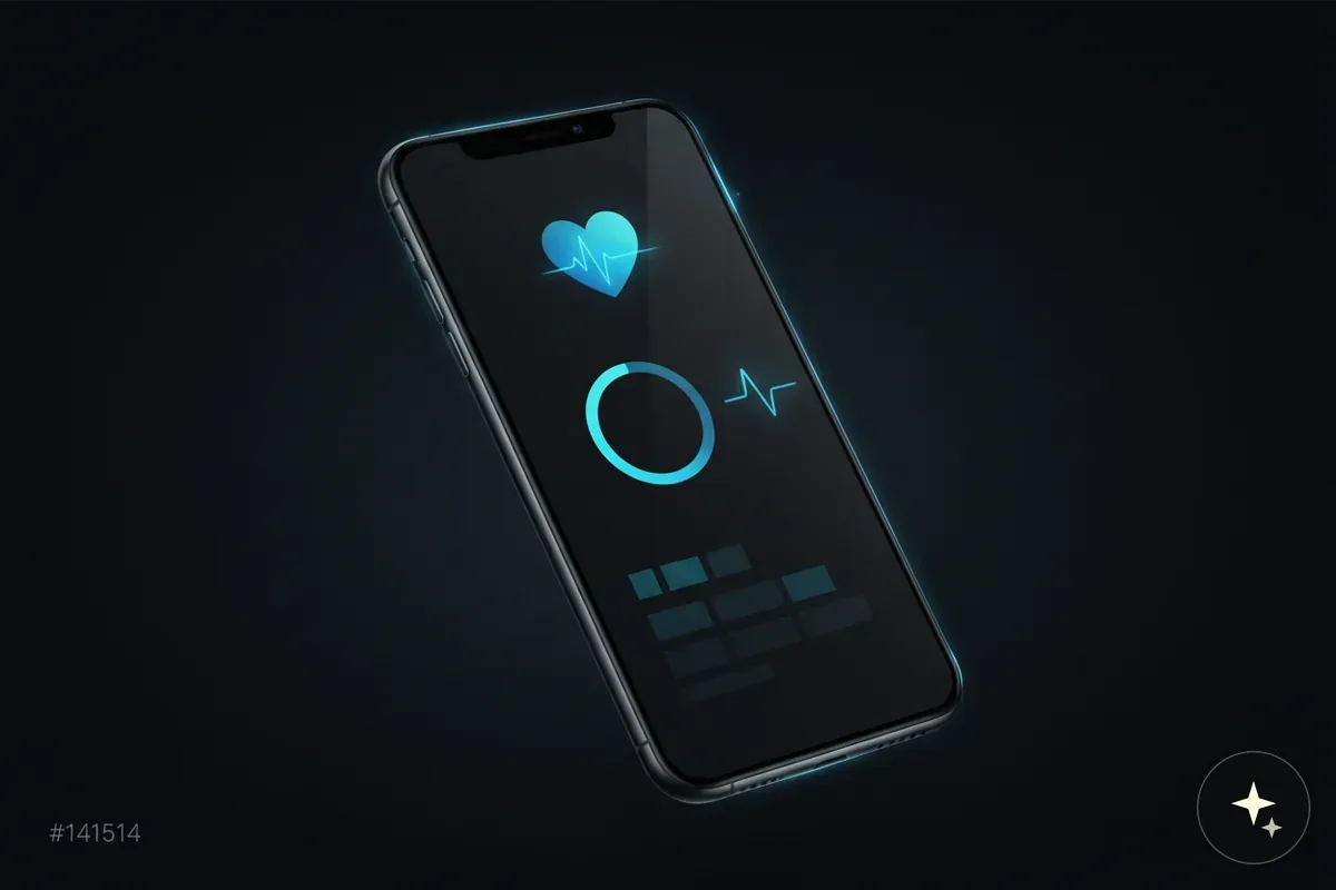 Smartfon z ekranem wyświetlającym niebieskie ikony: serce, okrągły wskaźnik postępu i linię EKG
