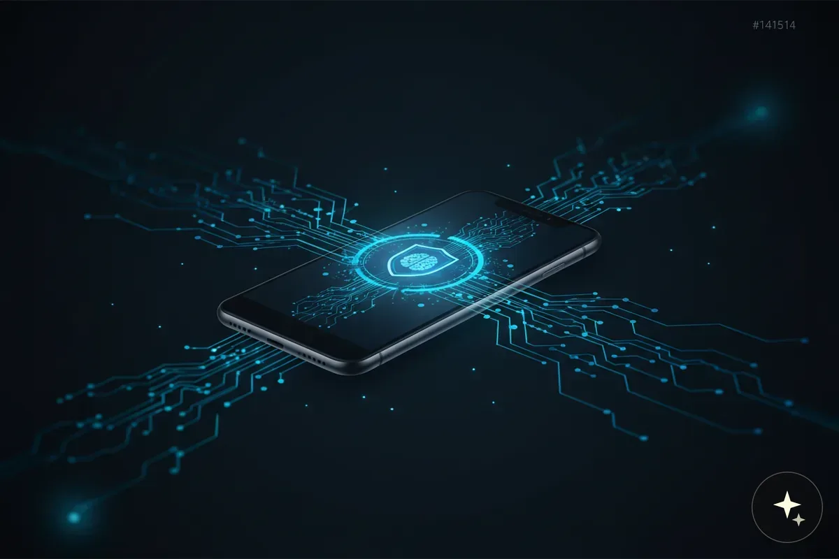 Smartfon z tarczą i odciskiem palca na ekranie, otoczony niebieskimi liniami symbolizującymi połączenia cyfrowe