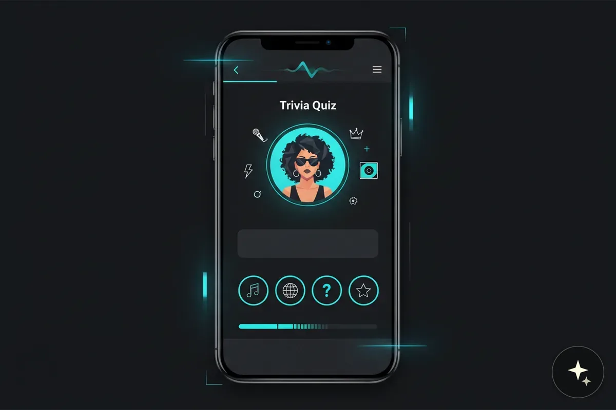 Smartfon z aplikacją "Trivia Quiz" na ciemnym tle, z awatarem kobiety w okularach przeciwsłonecznych