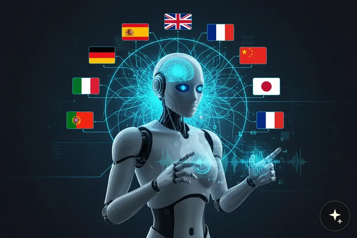 Humanoidalny robot z podświetlonym mózgiem i flagami różnych państw symbolizującymi języki